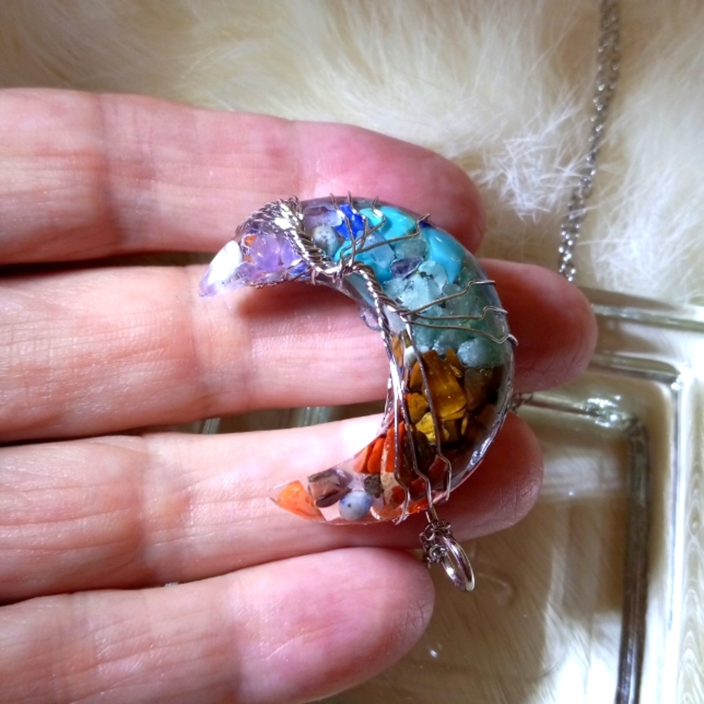 ☪ New Wire-Tree-Wrapped Moon Necklace with Tiger Eye Amethyst Turquoise etc ☪